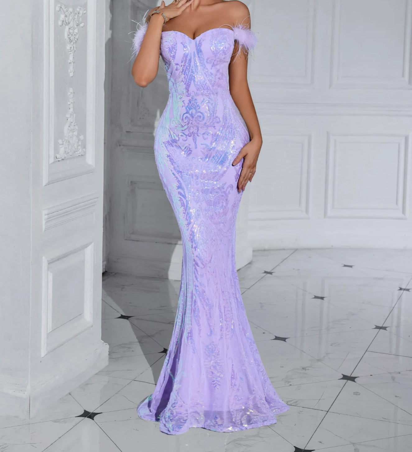 Solid Faux Feather Off-Shoulder Party Dress Partydress-241208