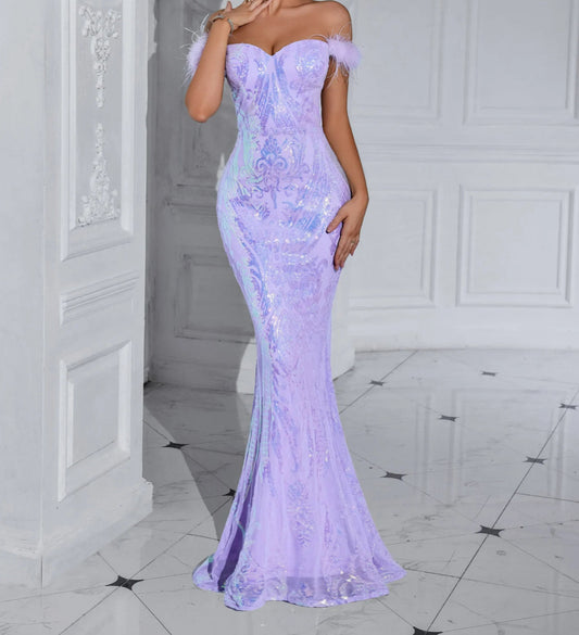 Solid Faux Feather Off-Shoulder Party Dress Partydress-241208