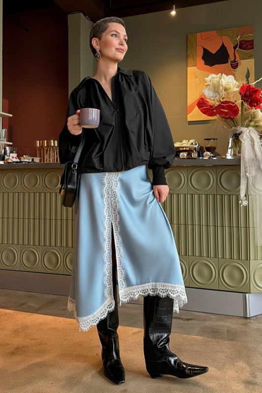 Asymmetric Lace-Trim Satin Midi Skirt