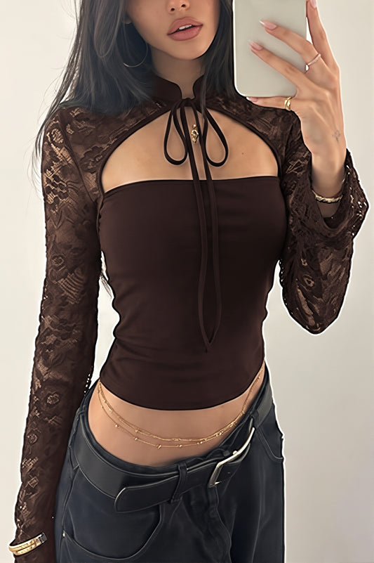 Holloe Lace Yoke Tie Front Blouse