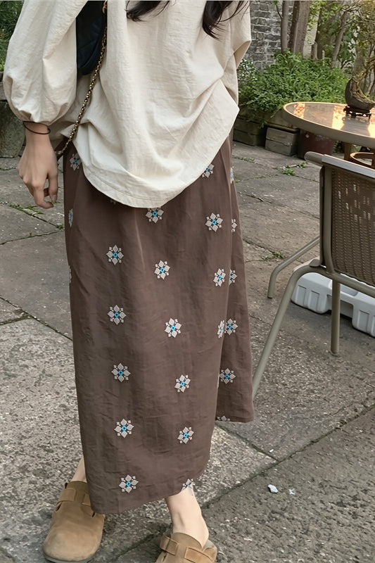 Embroidered Linen Blend Midi Skirt