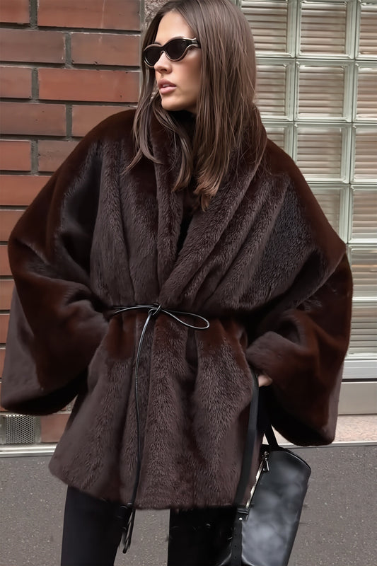Dark Brown Plush Wrap Mid Length Coat