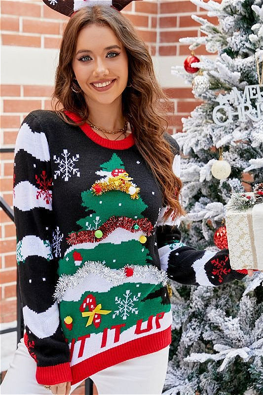 Relaxed Crew Neck Color Block Style Cartoon Print Sweater
