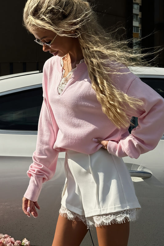 Lace Trim V Neck Relaxed Sweater