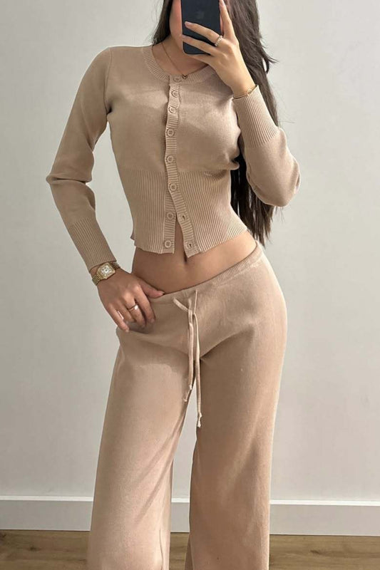 Sexy Fitted Buttoned Long-Sleeve Low-Rise Knit Two Piece Set