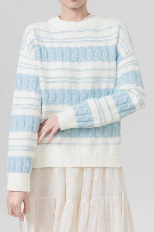 Creamy Stripe Cable-Knit Loose Sweater Blue / One Size