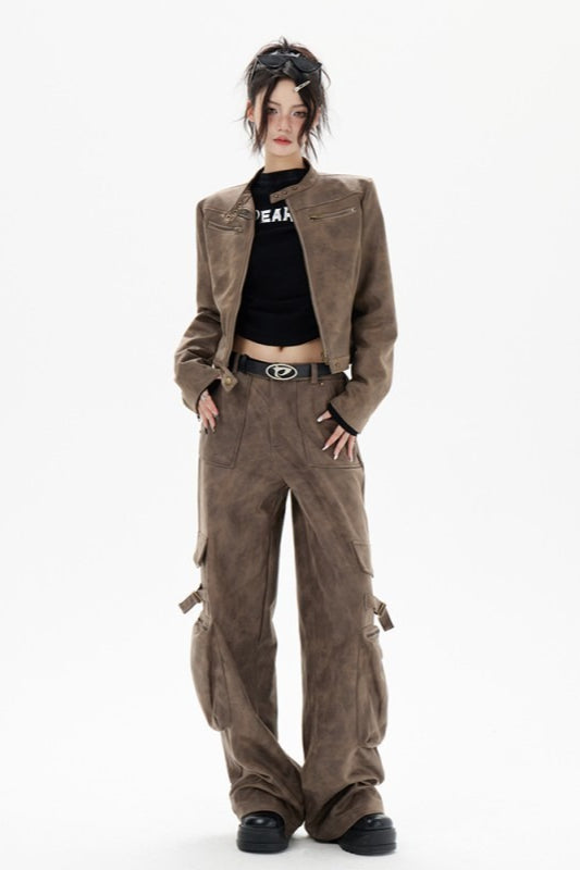 Cropped Biker Style Leather Jacket