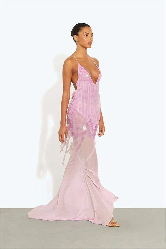 Sequin Mermaid V Neck Maxi Dress S / Pink