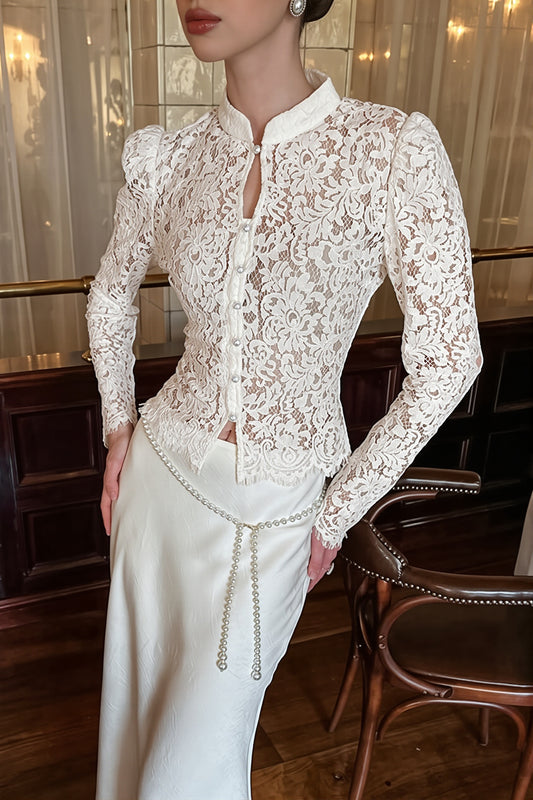 Lace Stand Collar Split Hem Blouse