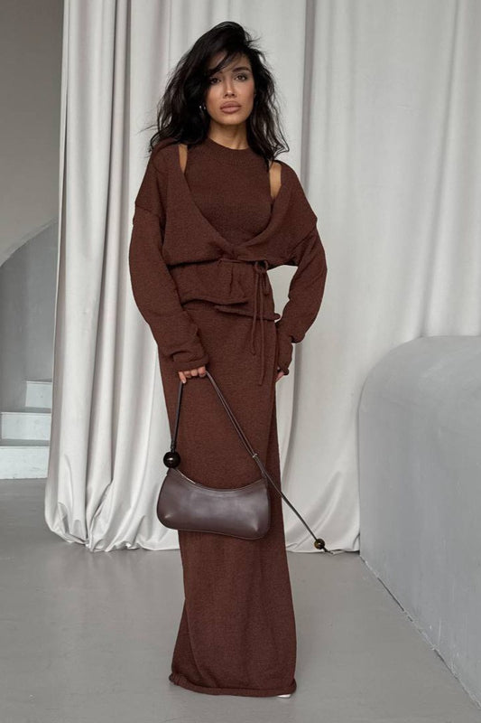 Chic Knit Vest & Bodycon Skirt with Belt Three Piece Set