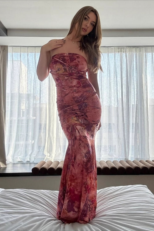 Robe longue moulante ajustée sans bretelles à fleurs vintage