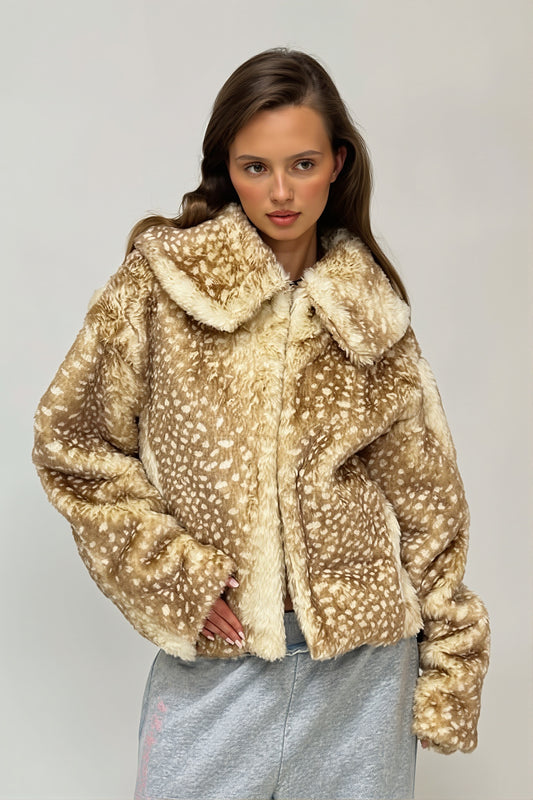 Deer Spot Rounded Collar Faux Fur Coat