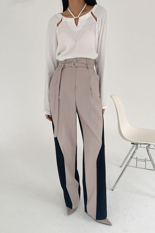Color Block High Waisted Wide Leg Pants Khaki / S