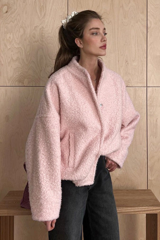 Fuzzy Stand Collar Cropped Bomber Jacket