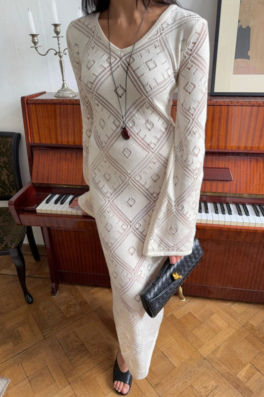Knit Argyle Jacquard Long Sleeve Maxi Dress