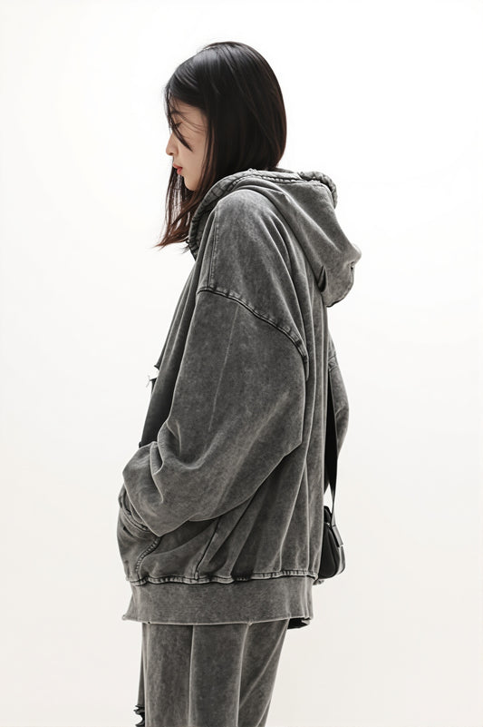 Solid Washed Distressed Hoodie