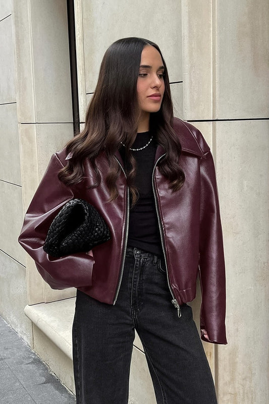 Veste en cuir bordeaux mat