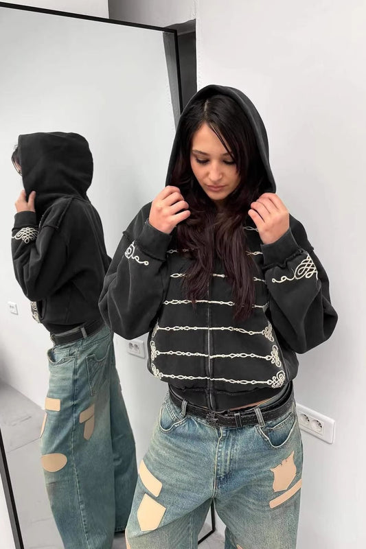 Embroidered Loop-Detail Pullover Hoodie