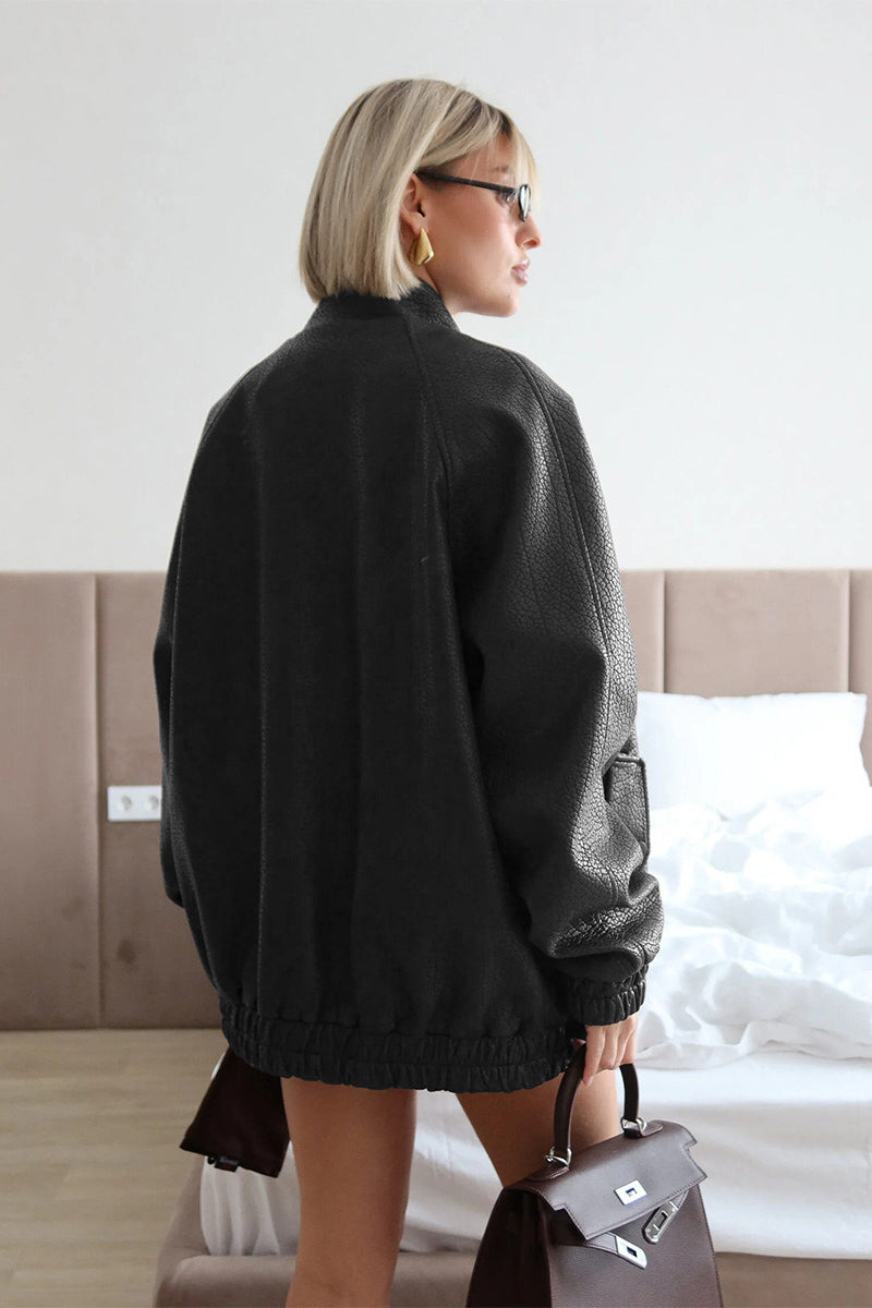Loose Stand Collar Zipper Textured PU Leather Coat