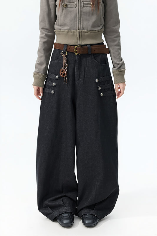 Double Button Side Wide Leg Jeans