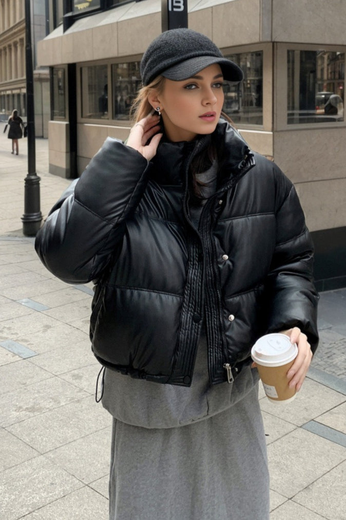 Cropped Faux Leather Insulated Puffer Jacket