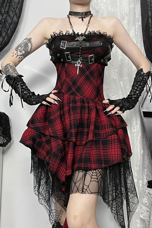 Red Plaid Buckle Corset Mini Dress