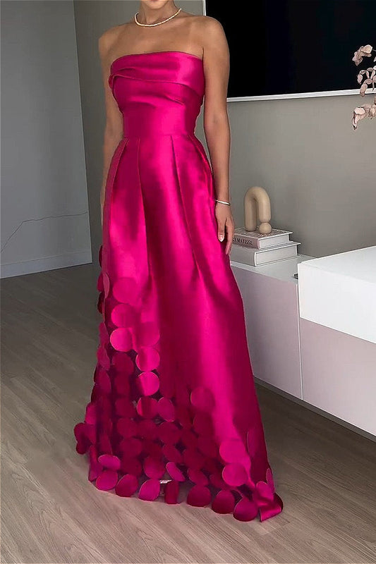 Satin Sequined Paneled Strapless High Waist Wedding Dress