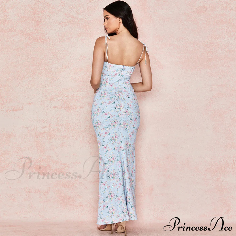 Daisy Printed Cowl Neck Side Slit Sophisticated Ruched Slip Midi Dress - Yellow L / Blue Floral