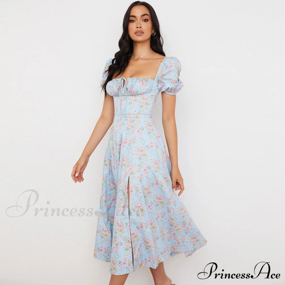 Daisy Printed Puff Sleeve High Classic Slit Smock Maxi Sundress - Green L / Light Blue Sun Dresses