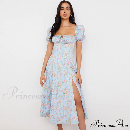 Daisy Printed Puff Sleeve High Classic Slit Smock Maxi Sundress - Green M / Light Blue Sun Dresses