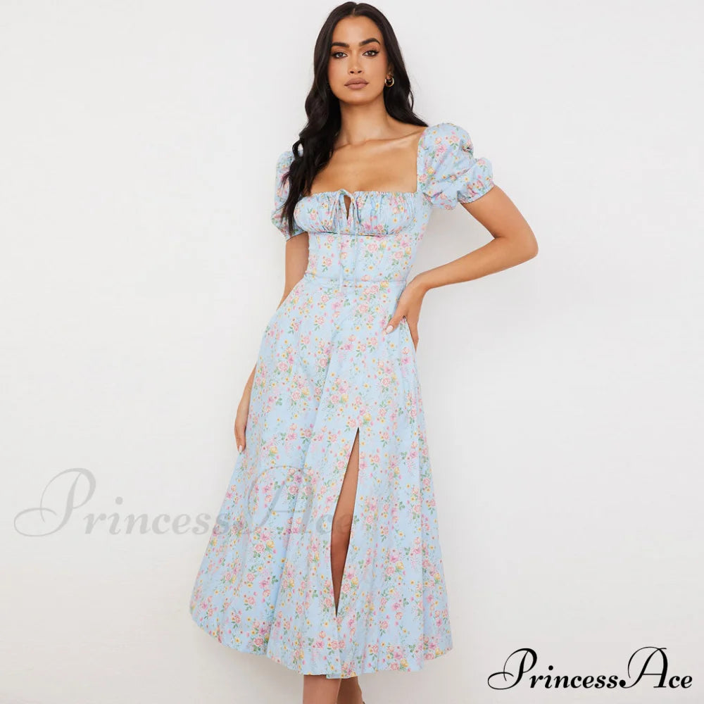 Daisy Printed Puff Sleeve High Classic Slit Smock Maxi Sundress - Green S / Light Blue Sun Dresses