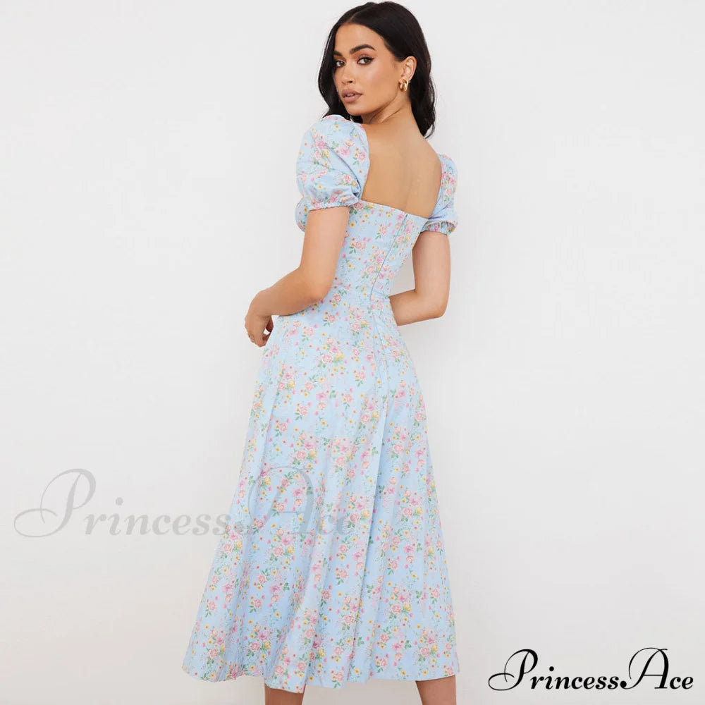 Daisy Printed Puff Sleeve High Classic Slit Smock Maxi Sundress - Green Xl / Light Blue Sun Dresses