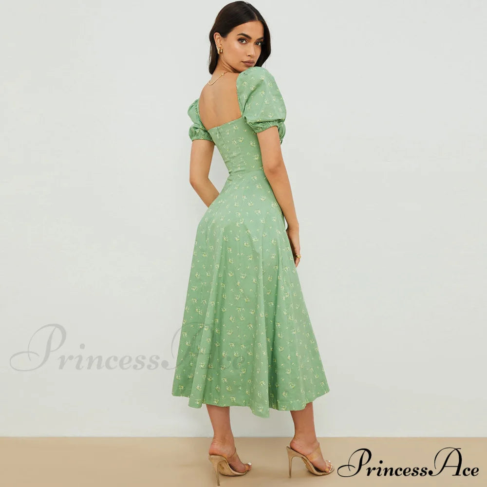 Daisy Printed Puff Sleeve High Classic Slit Smock Maxi Sundress - Pink L / Sage Green Sun Dresses