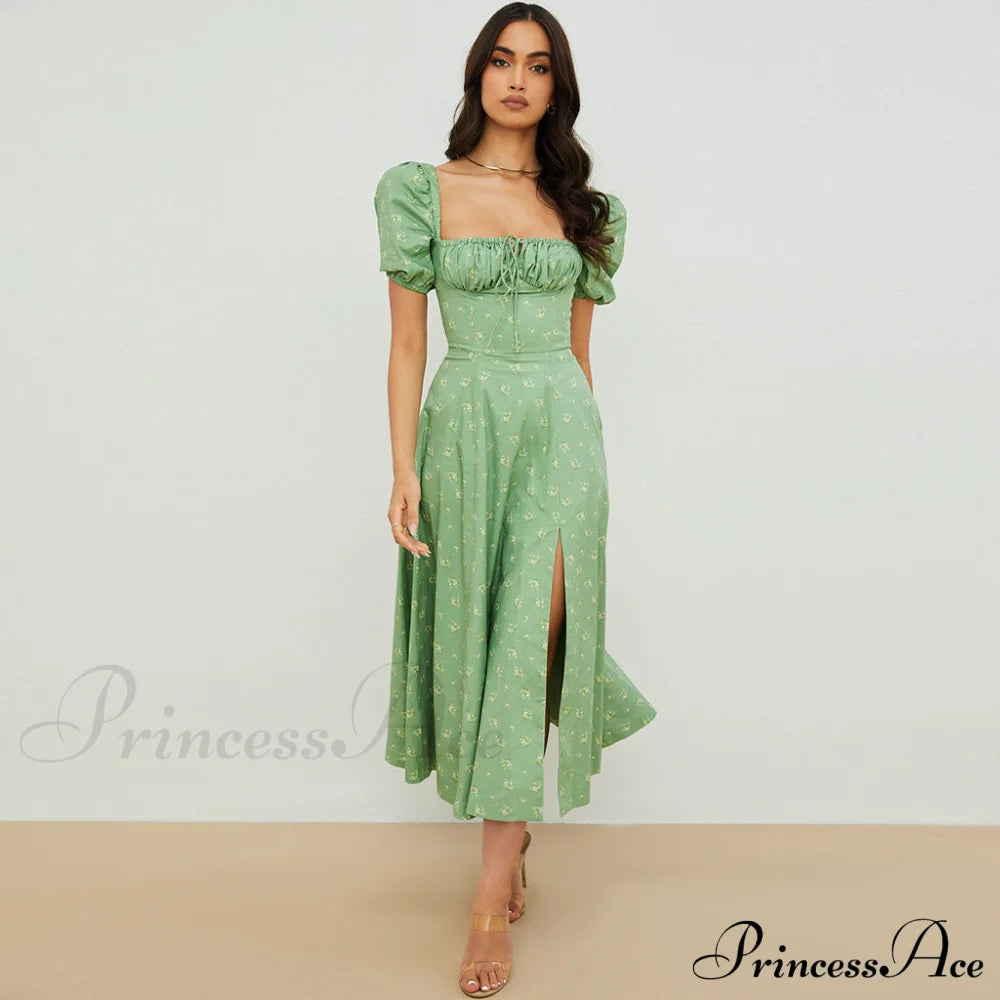 Daisy Printed Puff Sleeve High Classic Slit Smock Maxi Sundress - Pink M / Sage Green Sun Dresses