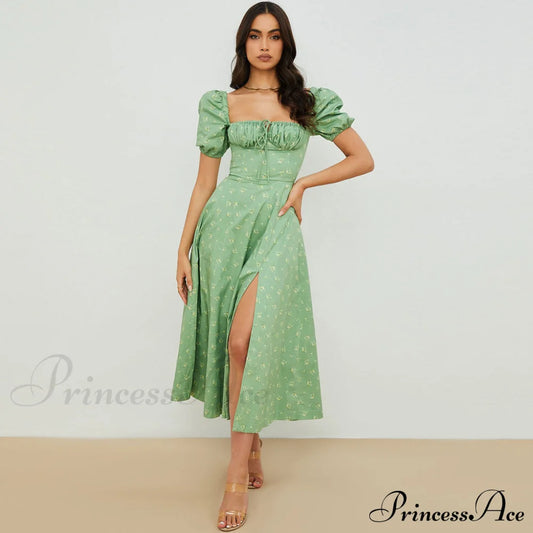 Daisy Printed Puff Sleeve High Classic Slit Smock Maxi Sundress - Pink S / Sage Green Sun Dresses