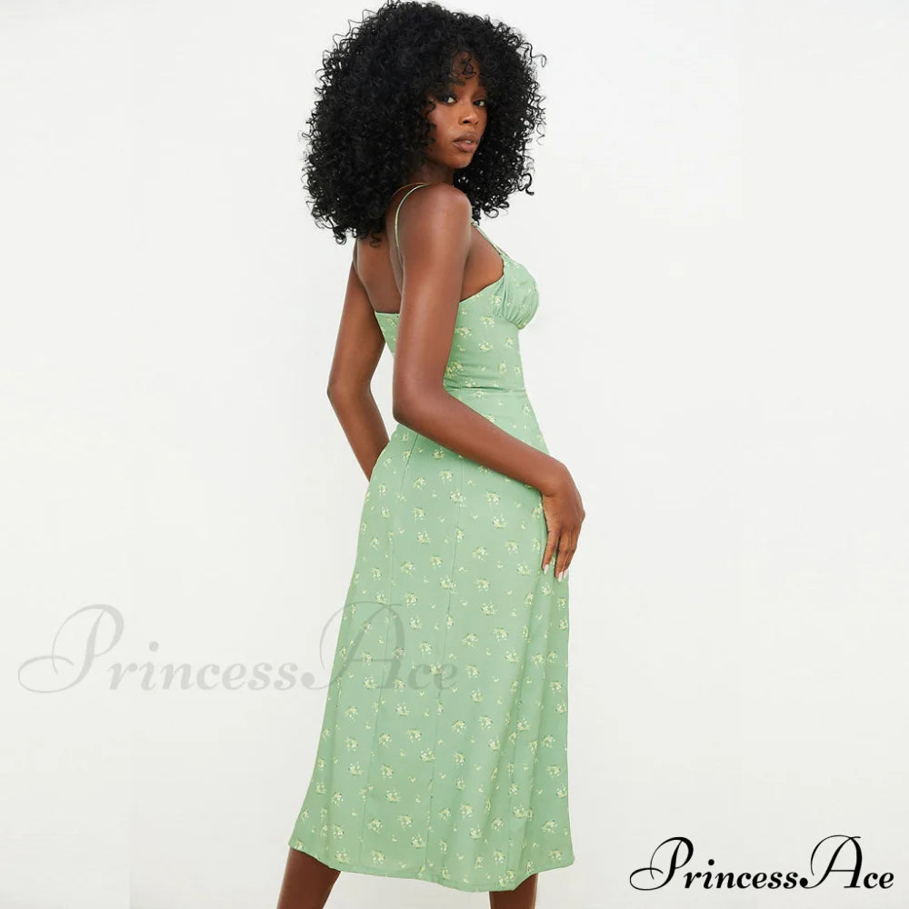 Daisy Printed Puff Sleeve High Classic Slit Smock Maxi Sundress - White L / Light Green Sun Dresses