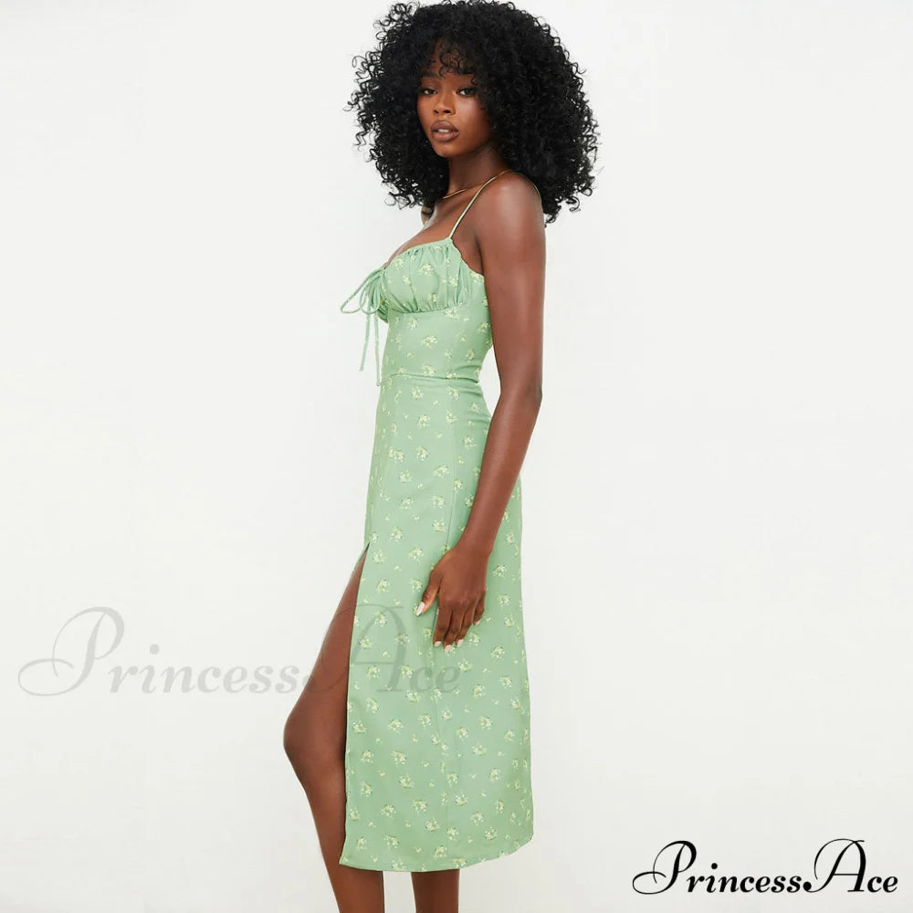 Daisy Printed Puff Sleeve High Classic Slit Smock Maxi Sundress - White M / Light Green Sun Dresses