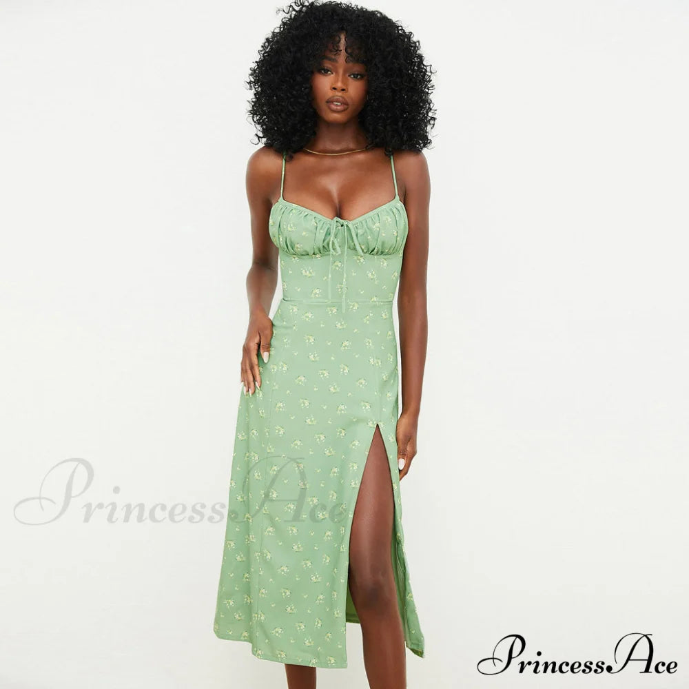 Daisy Printed Puff Sleeve High Classic Slit Smock Maxi Sundress - White S / Light Green Sun Dresses