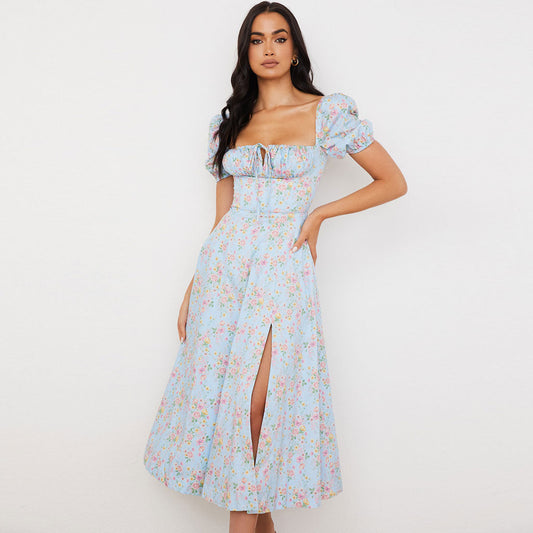 Daisy Printed Puff Sleeve High Classic Slit Smock Maxi Sundress - Green