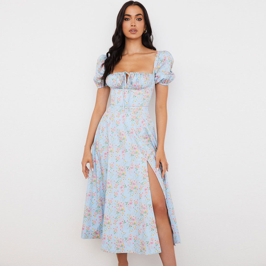 Daisy Printed Puff Sleeve High Classic Slit Smock Maxi Sundress - Green