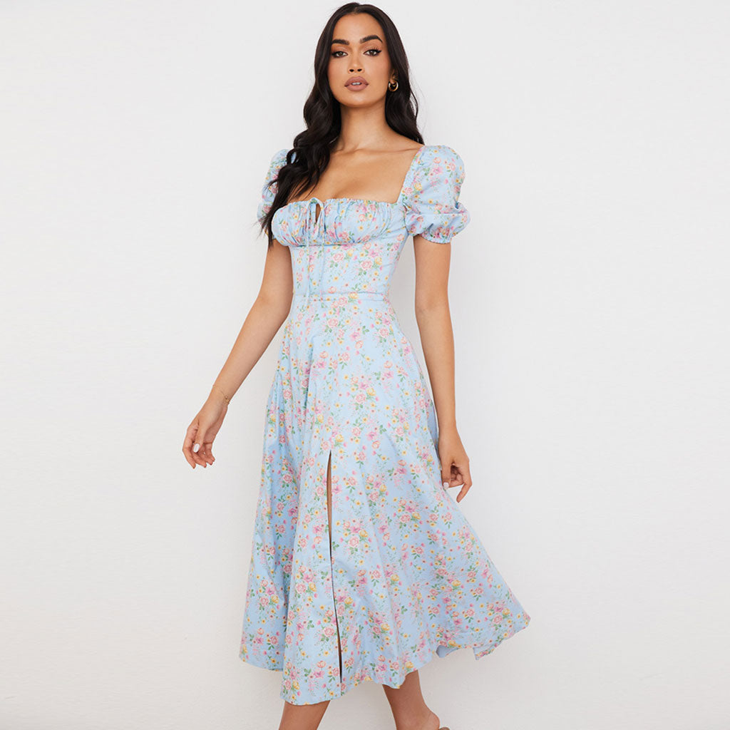 Daisy Printed Puff Sleeve High Classic Slit Smock Maxi Sundress - Green