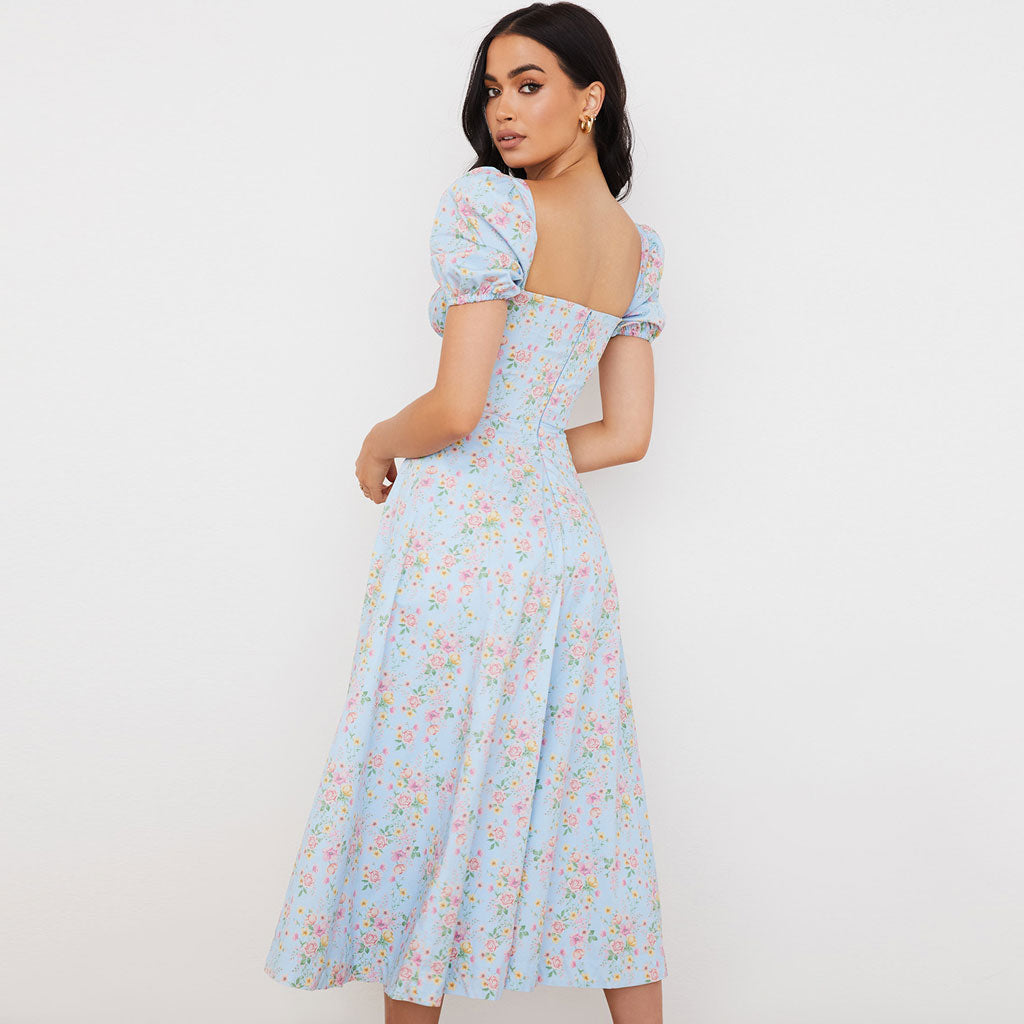 Daisy Printed Puff Sleeve High Classic Slit Smock Maxi Sundress - Green