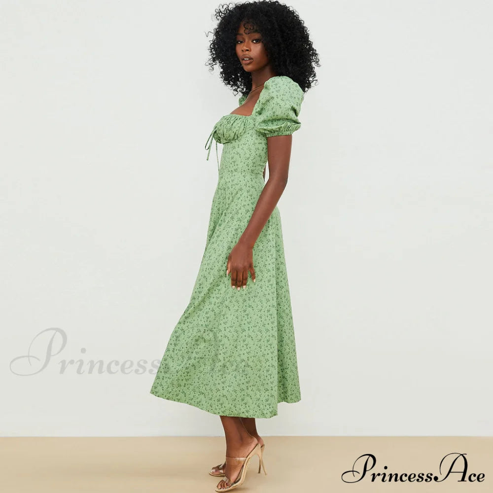 Daisy Printed Puff Sleeve High Slit Sophisticated Smock Maxi Sundress - Dark Yellow L / Green Sun