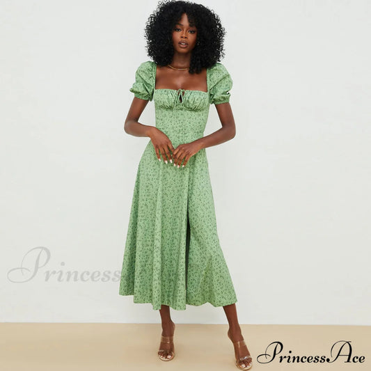 Daisy Printed Puff Sleeve High Slit Sophisticated Smock Maxi Sundress - Dark Yellow M / Green Sun