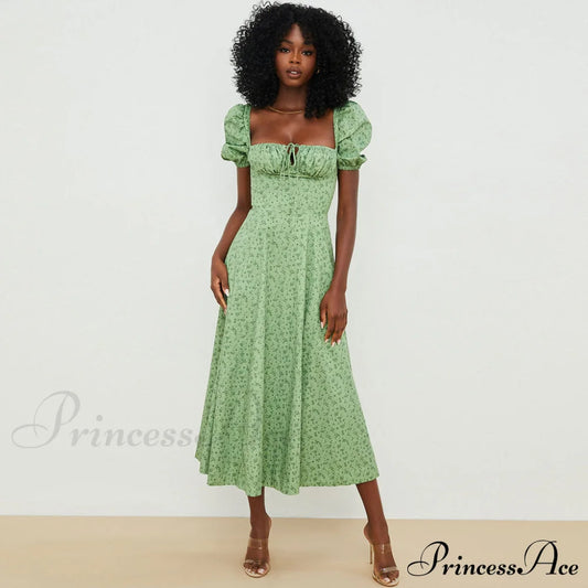 Daisy Printed Puff Sleeve High Slit Sophisticated Smock Maxi Sundress - Dark Yellow S / Green Sun