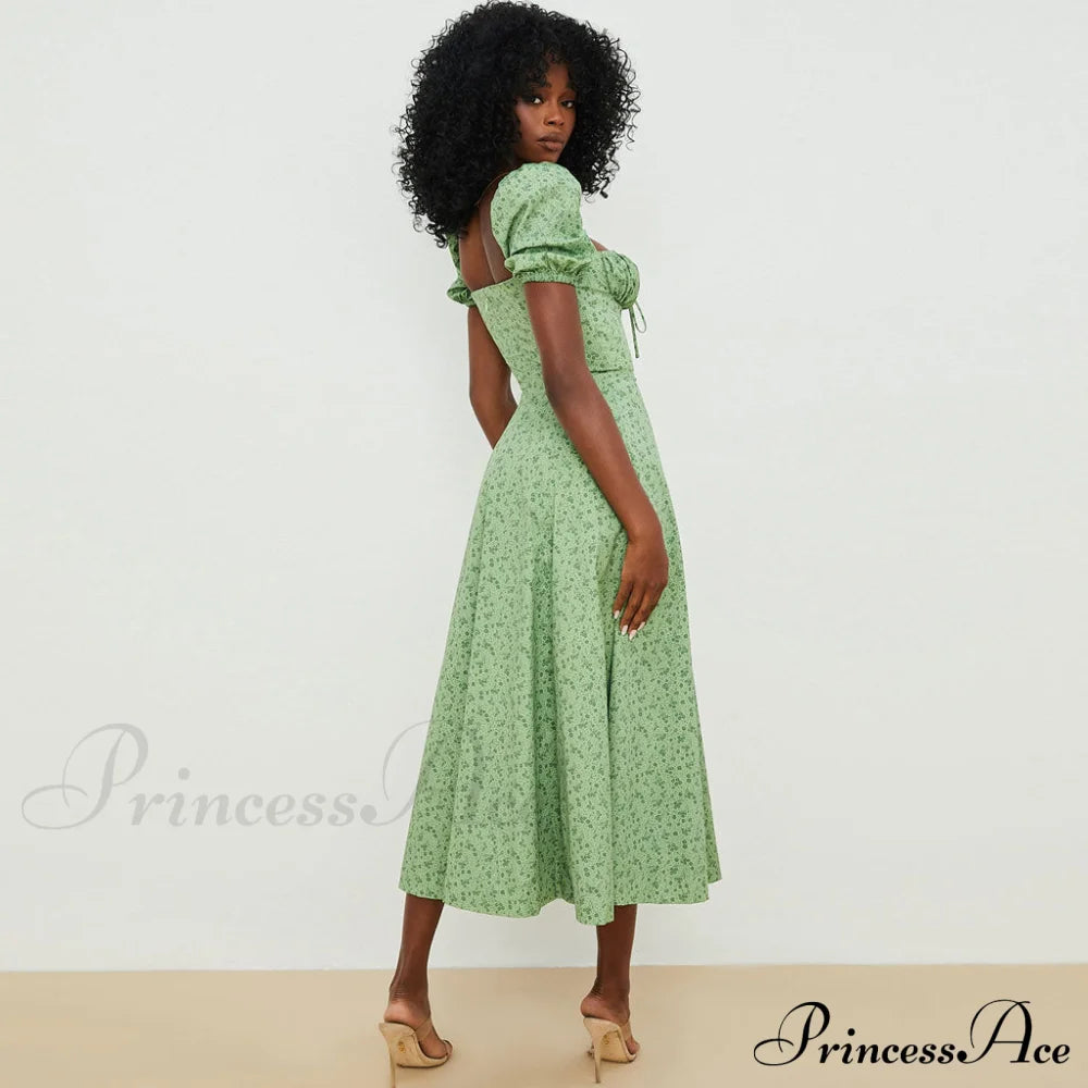 Daisy Printed Puff Sleeve High Slit Sophisticated Smock Maxi Sundress - Dark Yellow Xl / Green Sun