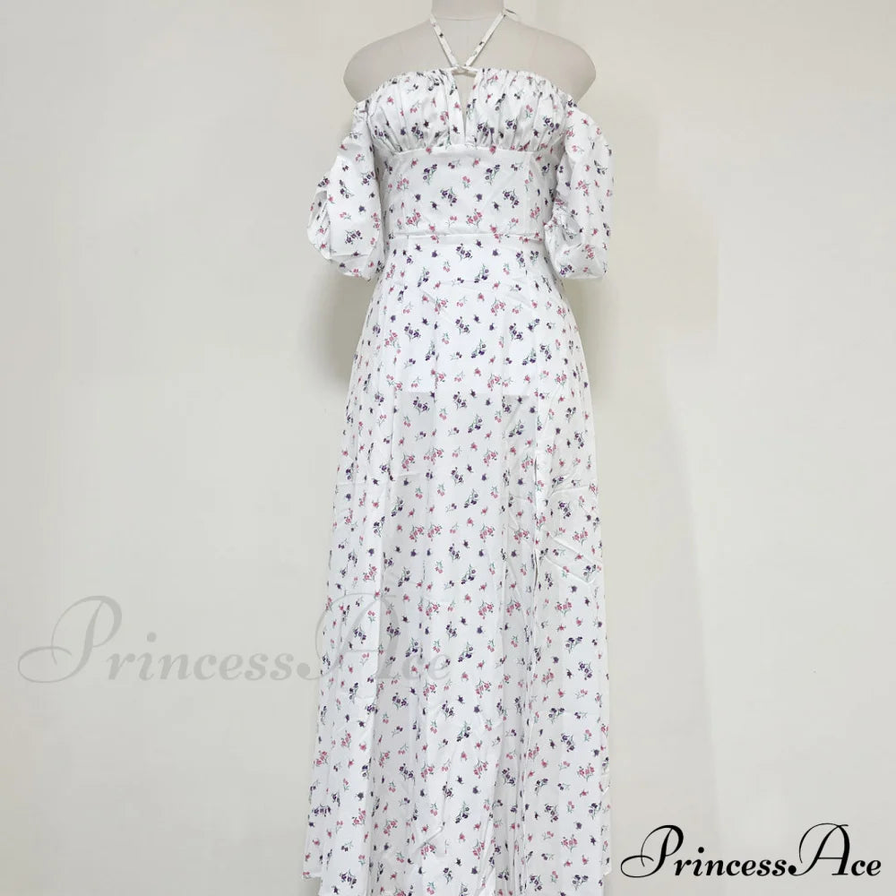 Daisy Printed Puff Sleeve High Slit Sophisticated Smock Maxi Sundress - Sky Blue Xl / White Sun