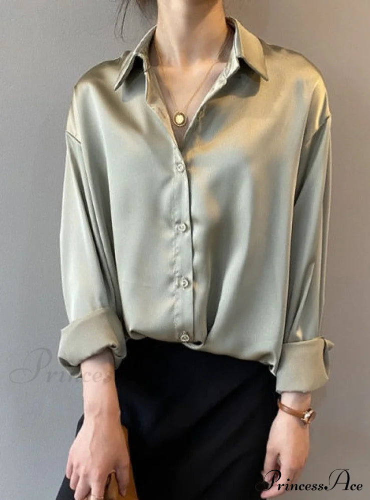 Daria Satin Blouse S / Green Tops & Blouses