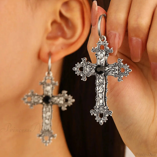 Dark Big Silver Cross Marriage Dangle Earring black