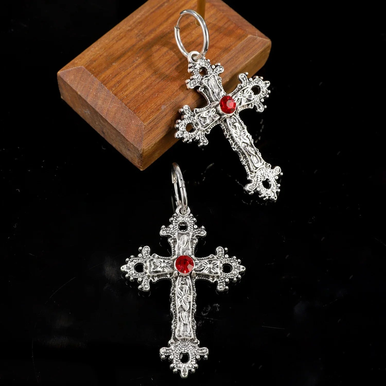 Dark Big Silver Cross Marriage Dangle Earring red